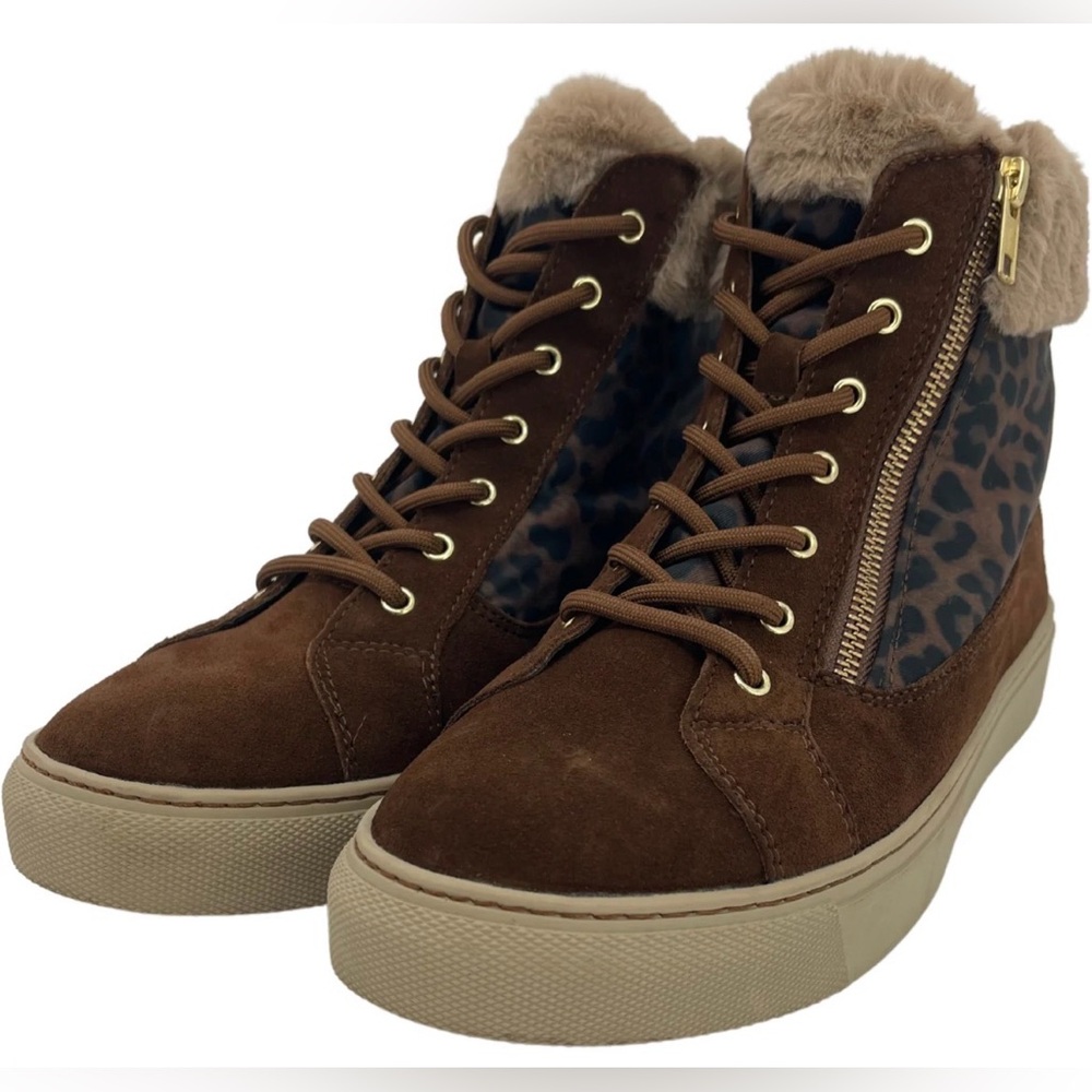 EUC Cougar Brand Women’s Brown Suede Sneaker Boots with Leopard Print